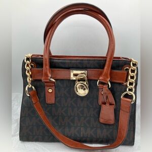 Michael Kors Black and Brown Satchel with Gold Accents
